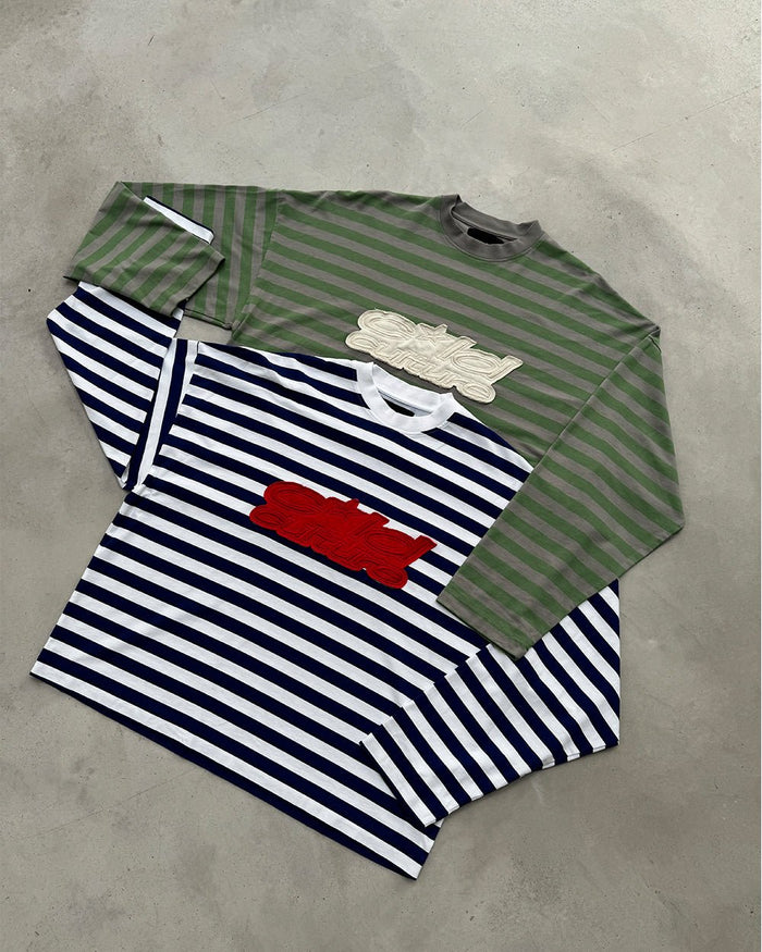 PARDON ME LONGSLEEVE GREEN & GREY - green striped longsleeve tee, flat lay with matching pieces - Cold Culture