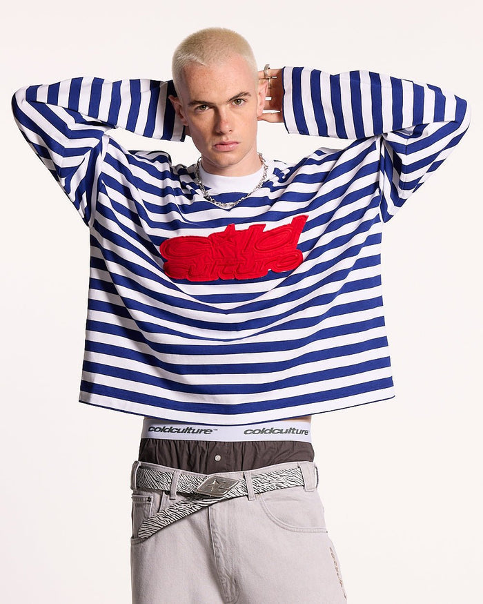 PARDON ME LONGSLEEVE WHITE & NAVY - navy striped longsleeve tee, front view on male model - Cold Culture #man