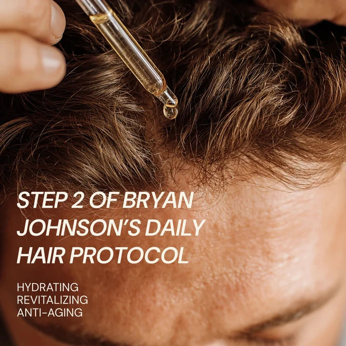 Person applying a dropper of liquid to their hair with text about Bryan Johnson's daily hair protocol.