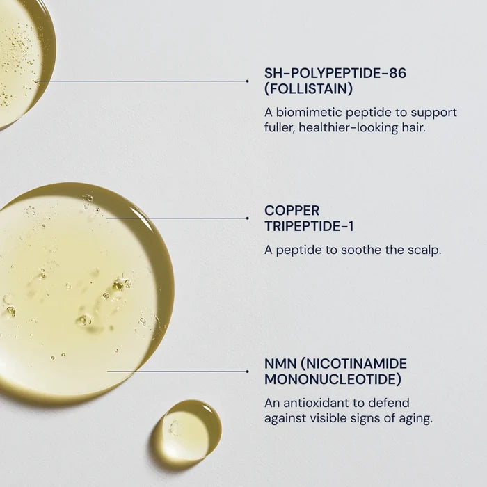 Close-up of a skincare product with labeled peptides on a light background