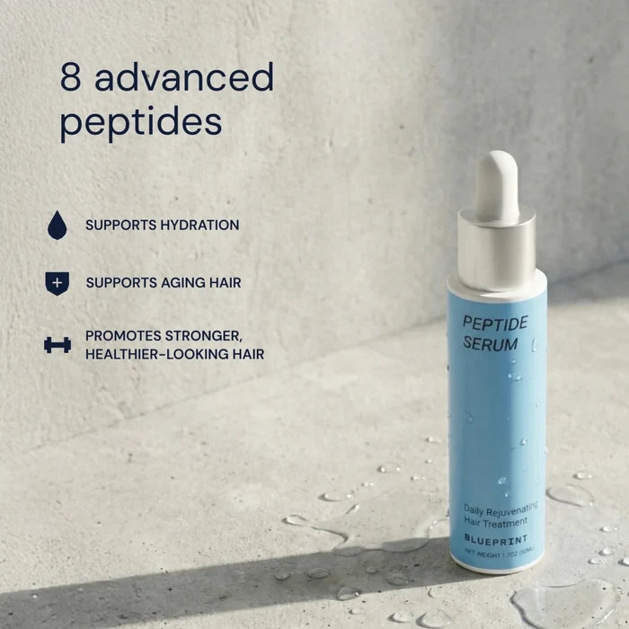 Blue peptide serum bottle with text on a gray background