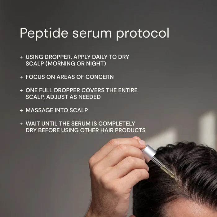 Person applying peptide serum to scalp with text on a dark background