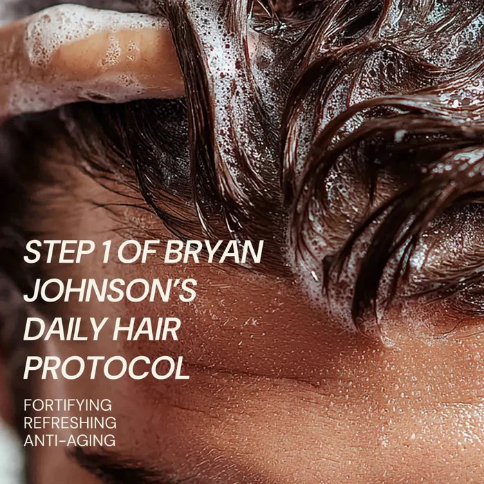 Close-up of hair with foam and text about Bryan Johnson's daily hair protocol