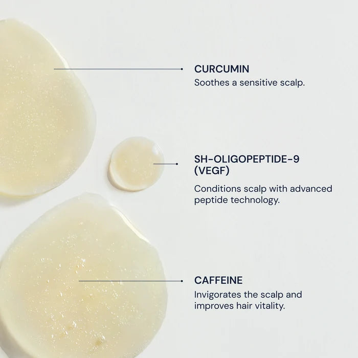 Bubbles with text describing curcumin, SH-Oligopeptide-4, and caffeine on a white background