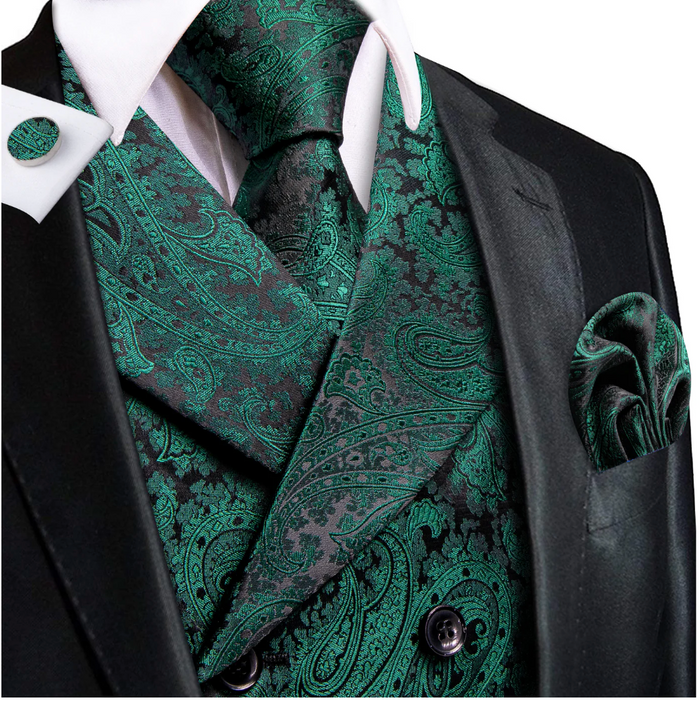 Pine Green Paisley Men's Collar Vest Hanky Cufflinks Tie Set- MJ-3113