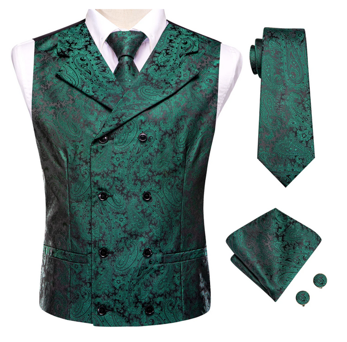 Pine Green Paisley Men's Collar Vest Hanky Cufflinks Tie Set- MJ-3113