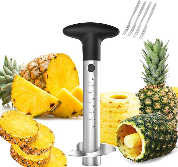 Pineapple Corer and Slicer with 4 Forks, Stainless Steel with Plastic Handle, Home Kitchen Use