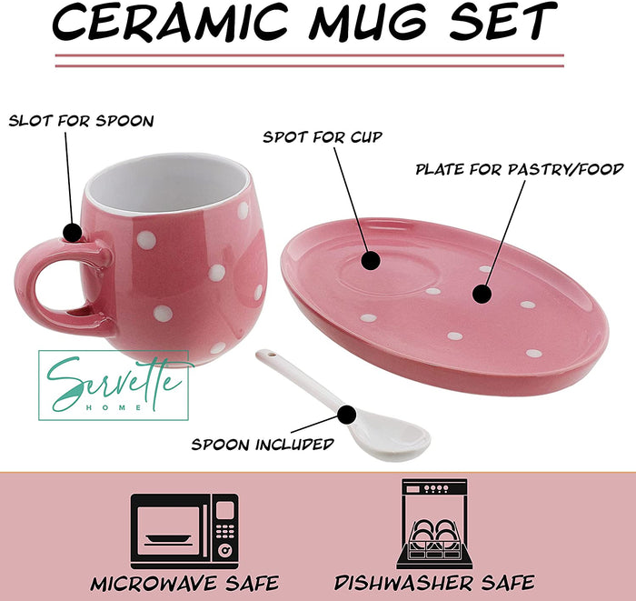 Pink Polka Dot Cup and Saucer Set with Spoon