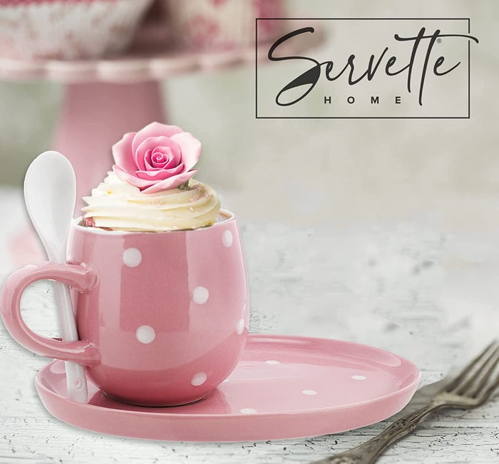 Pink Polka Dot Cup and Saucer Set with Spoon
