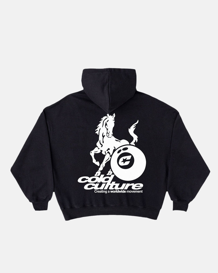 PLAYING HORSE HOODIE BLACK - black graphic print hoodie, back view - Cold Culture