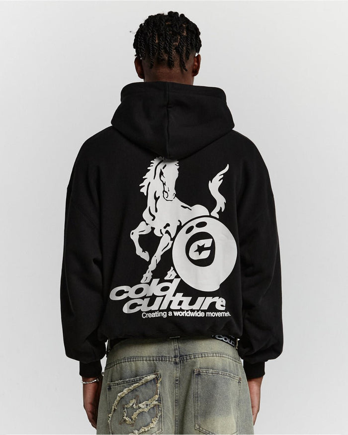 PLAYING HORSE HOODIE BLACK - black graphic print hoodie, back view on male model - Cold Culture #man