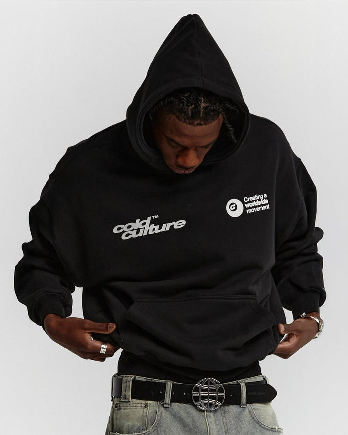 PLAYING HORSE HOODIE BLACK - black graphic print hoodie, front view on male model - Cold Culture #man