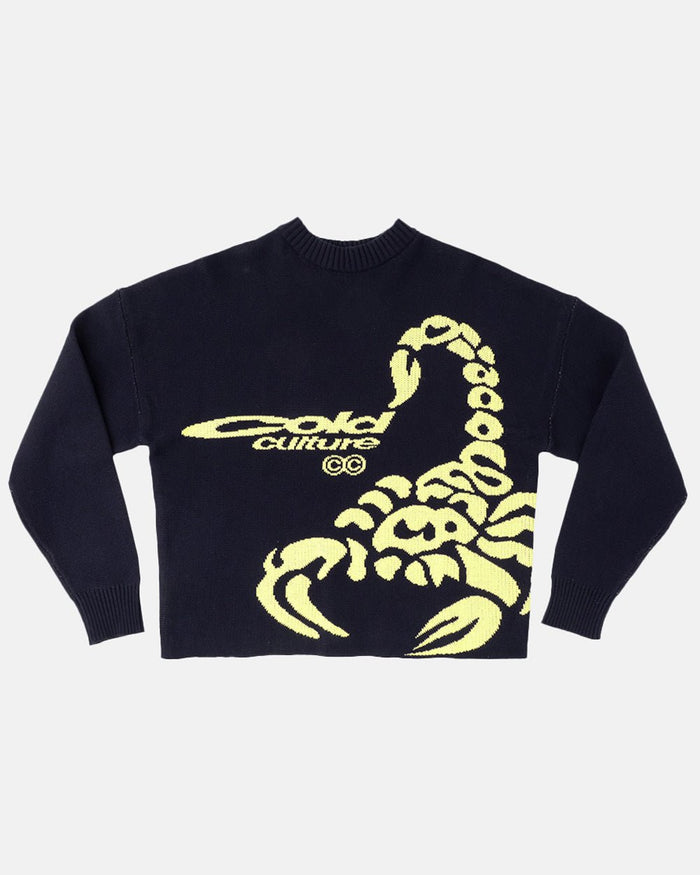 POISON KNITWEAR HEAVY BLUE - navy blue scorpion knit sweater, front view - Cold Culture
