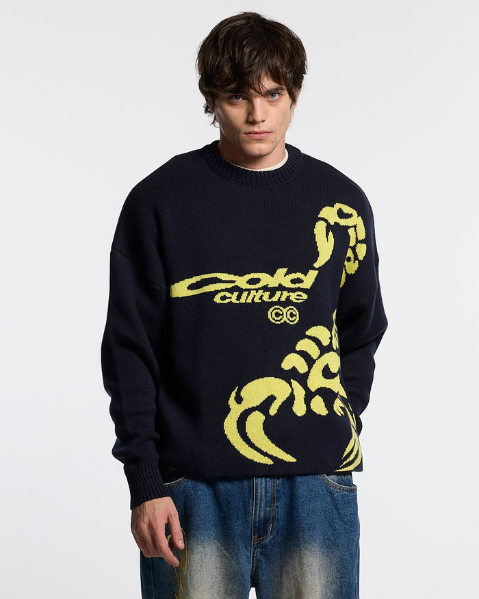POISON KNITWEAR HEAVY BLUE - navy blue scorpion knit sweater, front view on male model - Cold Culture #man