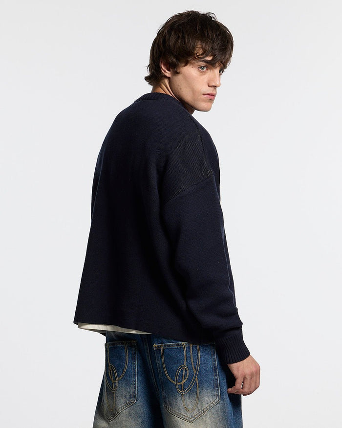 POISON KNITWEAR HEAVY BLUE - navy blue scorpion knit sweater, back view on male model - Cold Culture #man