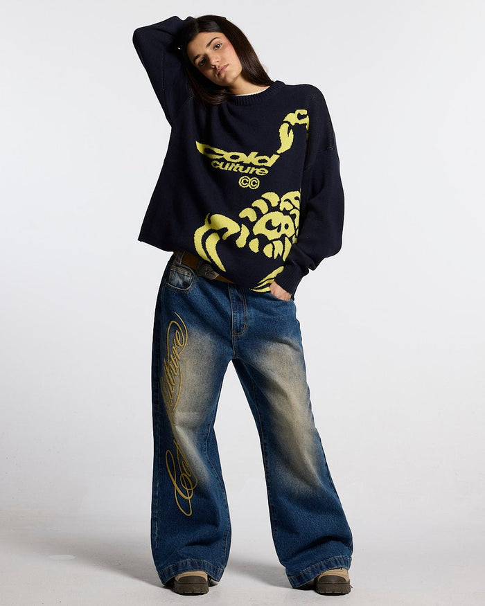 POISON KNITWEAR HEAVY BLUE - navy blue scorpion knit sweater, front view on female model - Cold Culture #woman
