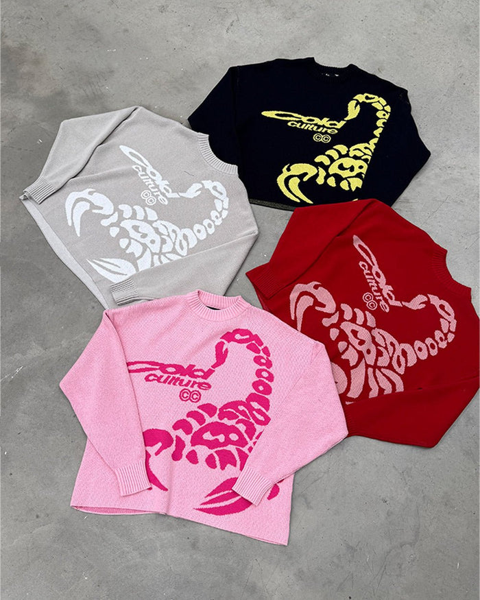 POISON KNIT RED AND SALMON - red graphic print knit sweater, flat lay with matching pieces - Cold Culture