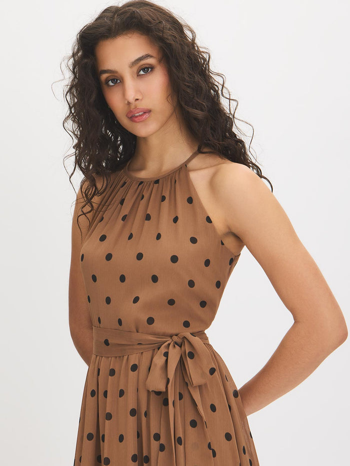 Woodsmoke Polka Dot Halter Midi Dress - Front View - Suzy Shier