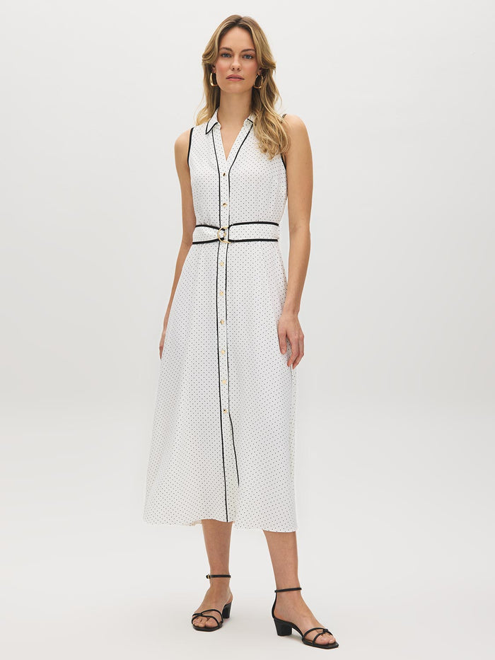 Snow White/Black Dot Print Midi Shirt Dress - Woman Wearing Sleeveless Dress with Sash - Suzy Shier