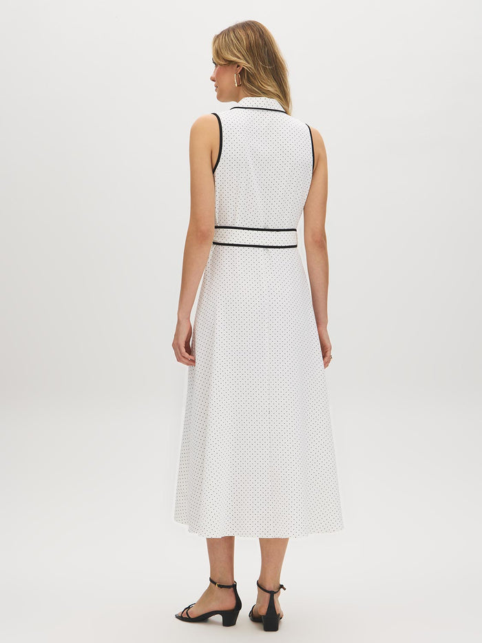 Snow White/Black Dot Print Midi Shirt Dress - Woman Wearing Sleeveless Dress with Sash - Suzy Shier
