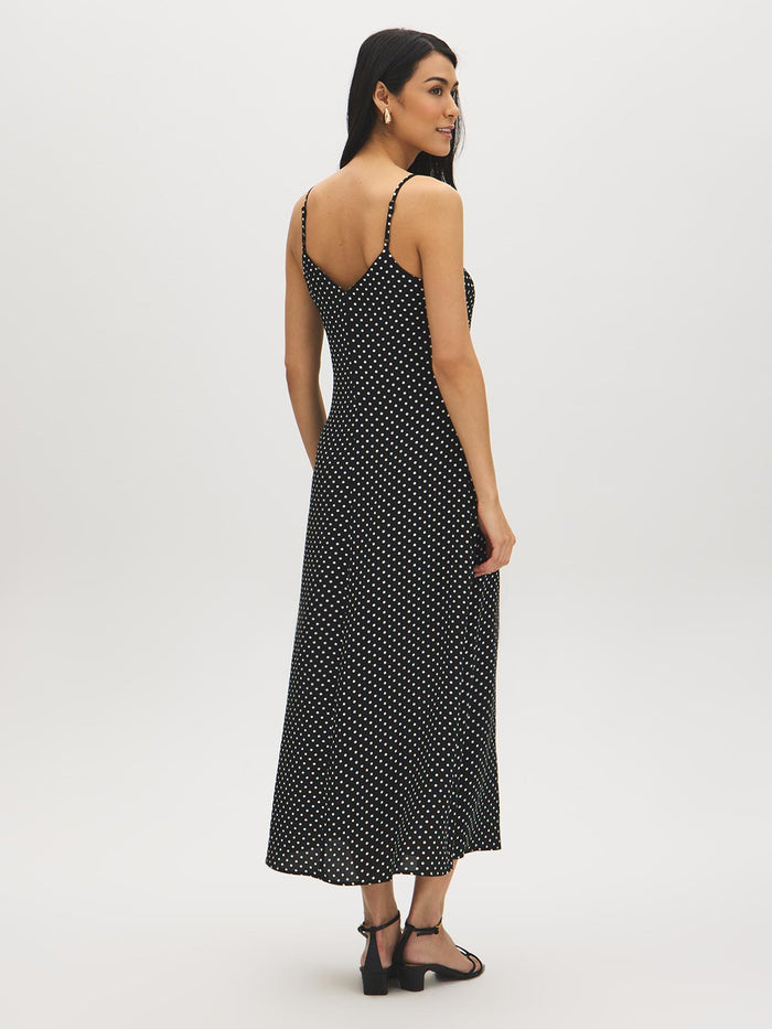 Black/White Dots Print Flowy Slip Dress - Woman Wearing V-Neck Midi Dress - Suzy Shier
