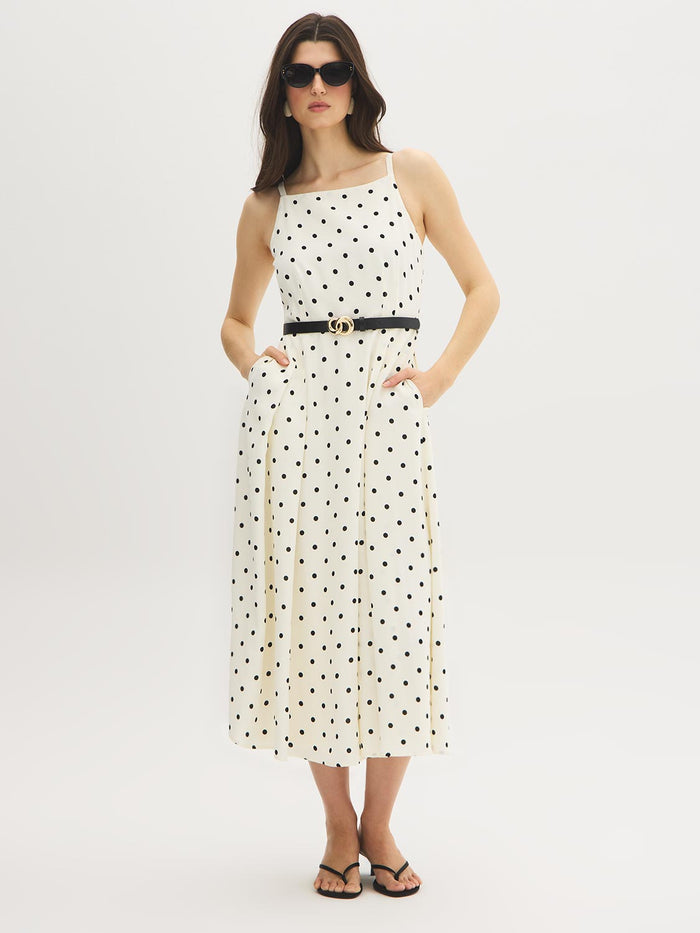 Snow White Polka Dot Flowy Midi Dress - Woman Wearing Spaghetti Strap Dress with Belt - Suzy Shier