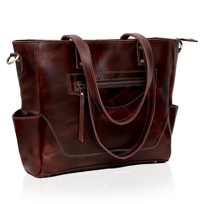 Portland Buffalo Leather Laptop Tote Bag - Burgundy
