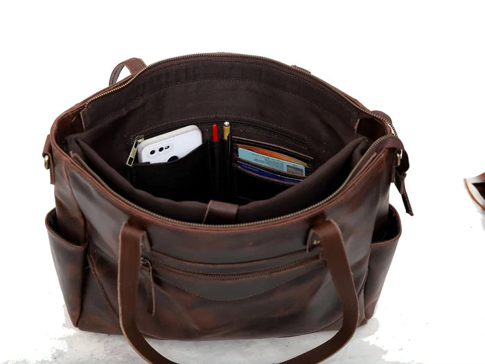 Portland Buffalo Leather Tote Purse Bag with Zipper - Brown
