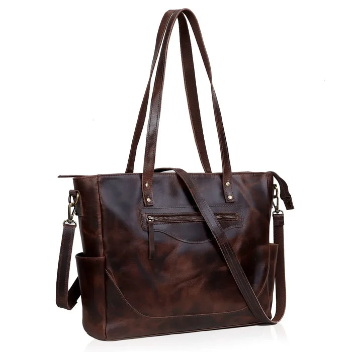 Portland Buffalo Leather Tote Purse Bag with Zipper - Brown