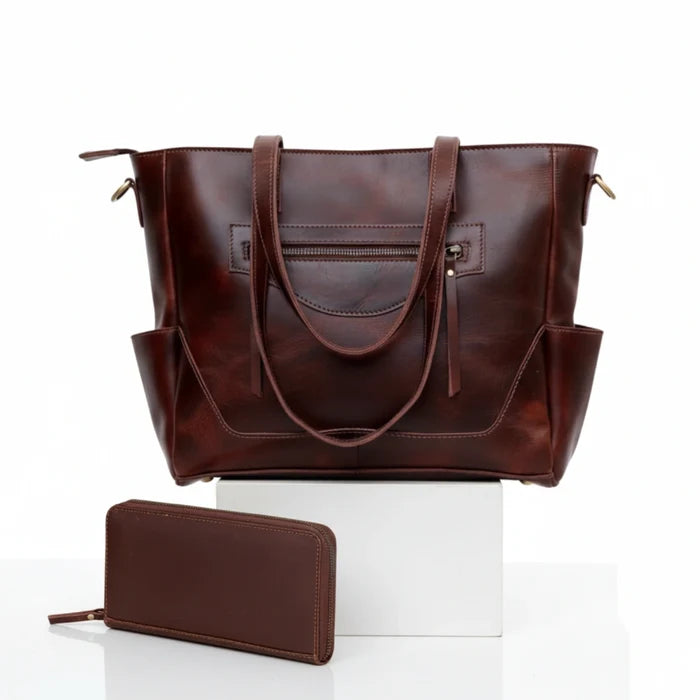 Portland Buffalo Leather Tote Purse Bag with Zipper - Brown