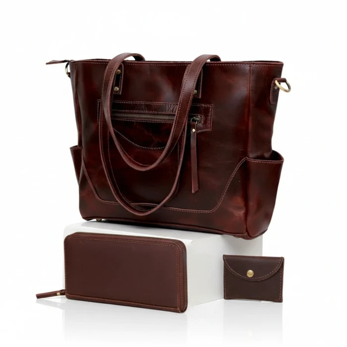 Portland Buffalo Leather Tote Purse Bag with Zipper - Brown