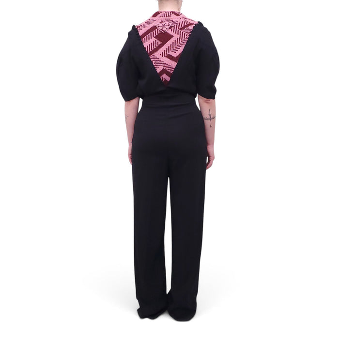 PRADA BLACK JUMPSUIT WITH PINK AND BURGUNDY SWEATER DETAIL - SIZE 38