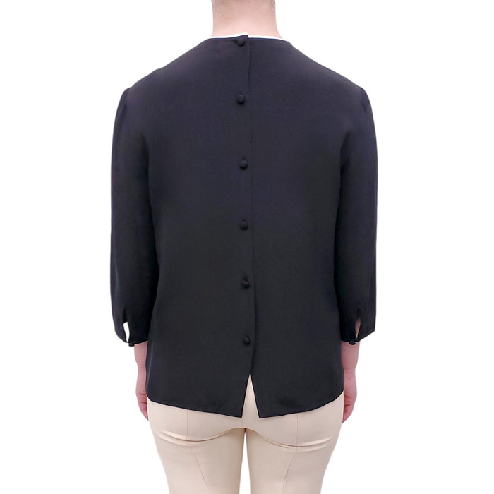 PRADA BLACK SILK BLOUSE WITH CREAM PIPING DETAIL - SIZE 42