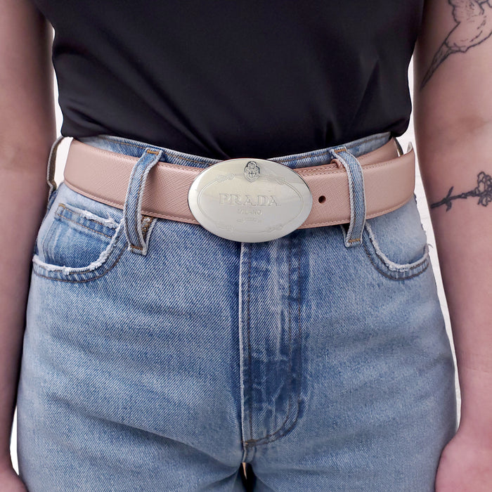 PRADA BLUSH PINK SILVER LOGO BELT - SIZE 80