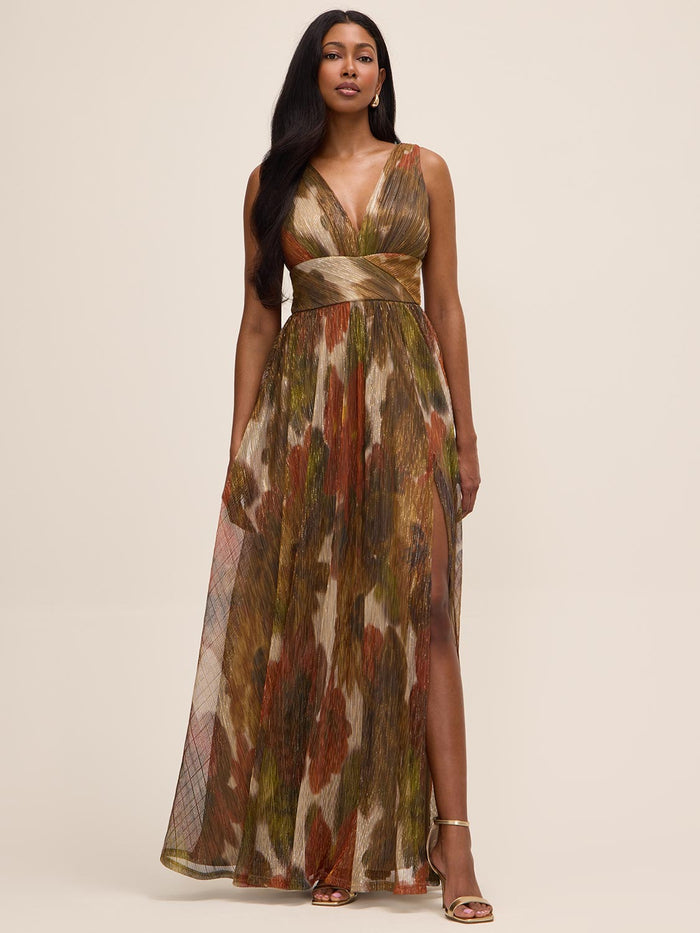 Gold/Rust Metallic Crinkle Knit V-Neck Gown - Woman Wearing Evening Dress with Front Slit - Le Chateau