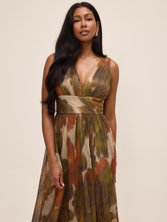 Gold/Rust Metallic Crinkle Knit V-Neck Gown - Woman Wearing Evening Dress with Front Slit - Le Chateau