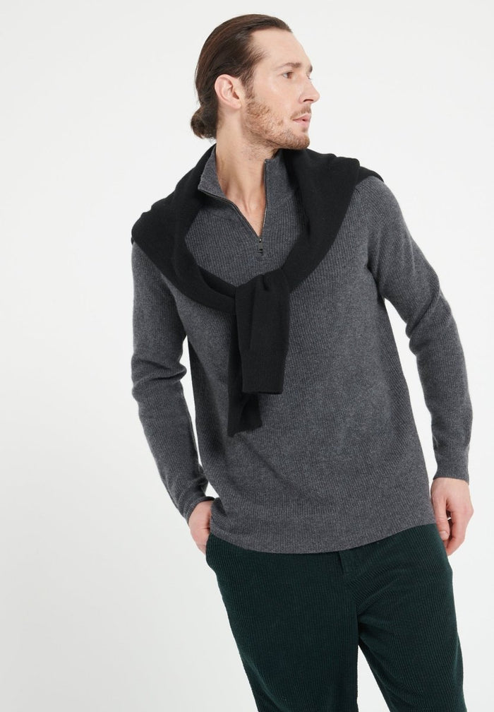 ZACH 2 Sweat col cheminé zippé en cachemire gris anthracite