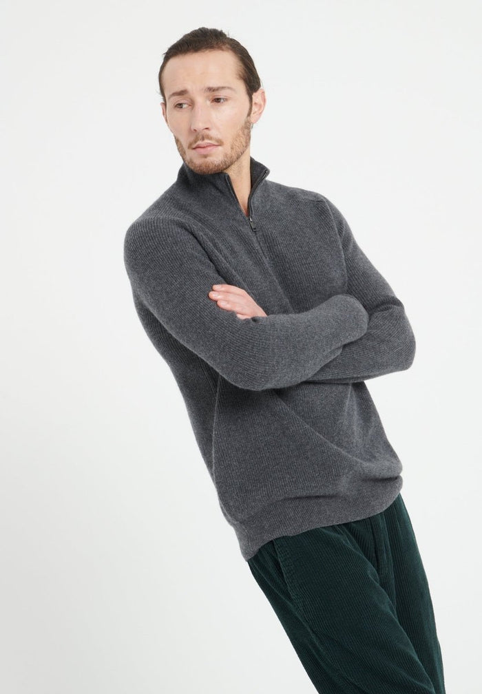 ZACH 2 Sweat col cheminé zippé en cachemire gris anthracite
