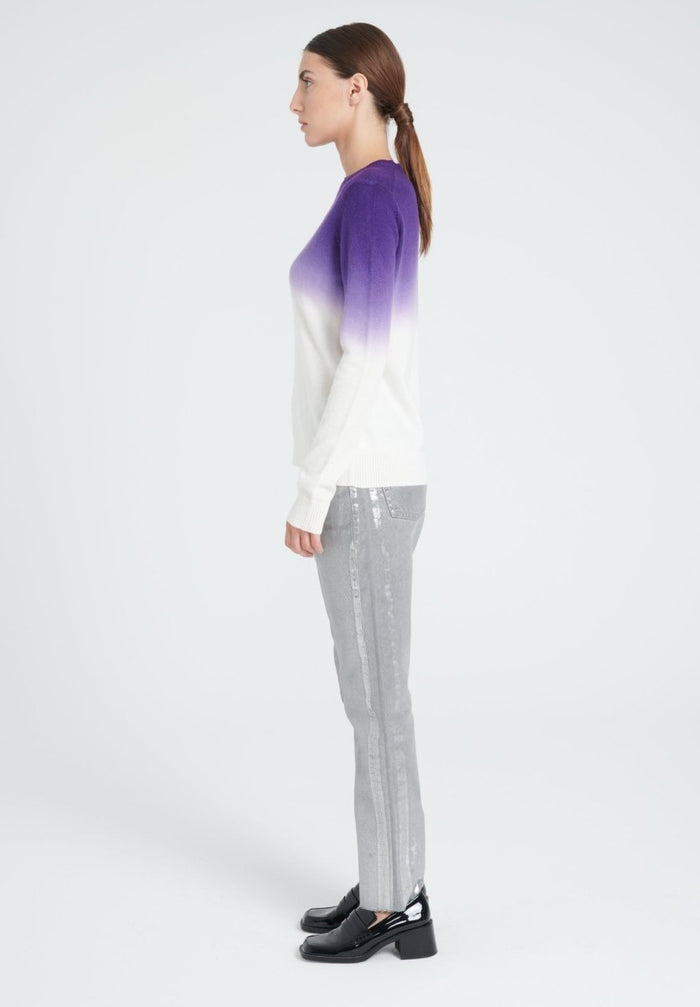 ZAYA 9 Pull col rond tie & dye en cachemire écru et violet foncé
