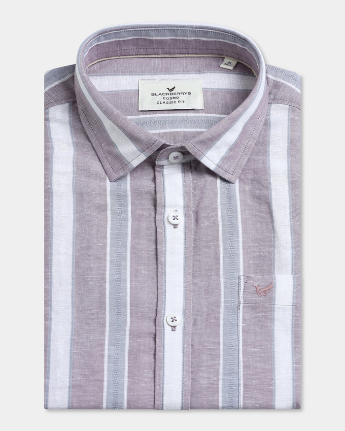 Purple Half Sleeve Linen Stripe Shirt - Junel