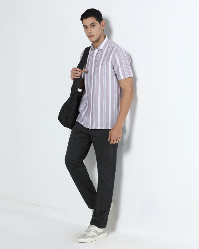Purple Half Sleeve Linen Stripe Shirt - Junel