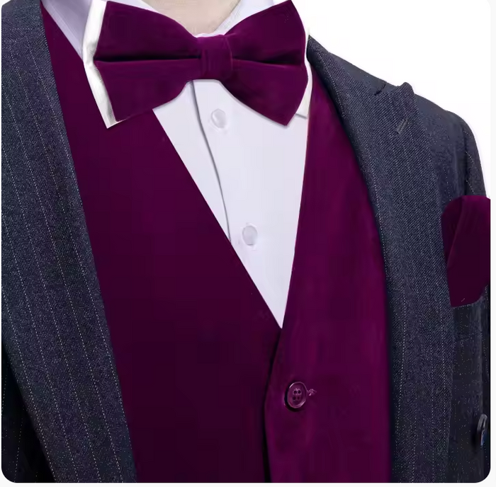 Purple Solid Silk Vest Bowtie Pocket Square Cufflinks Set- BW-MJ-0053