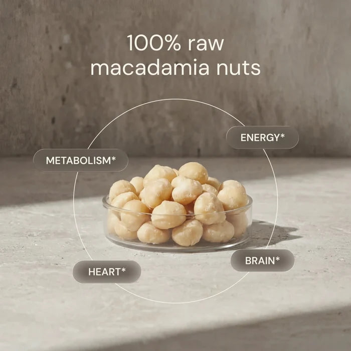 Glass bowl of raw macadamia nuts with health benefits text on a neutral background