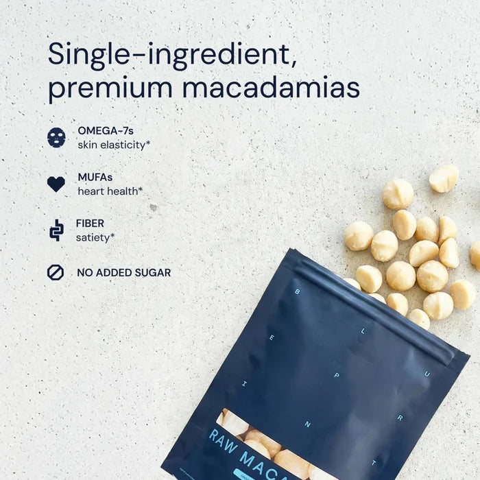 Raw macadamias with a packaging bag on a light gray background, highlighting health benefits.