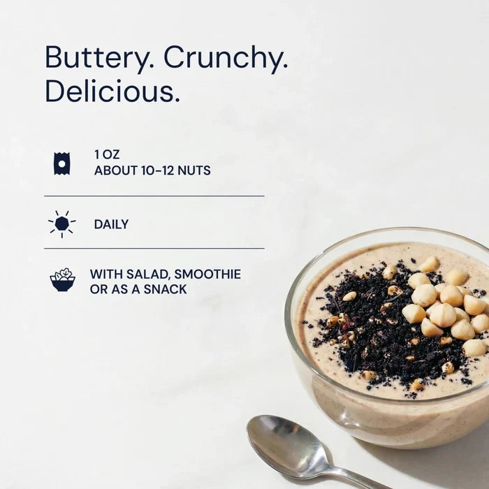 Glass bowl with a creamy snack, nuts, and a spoon on a light background, with text describing its qualities and usage.