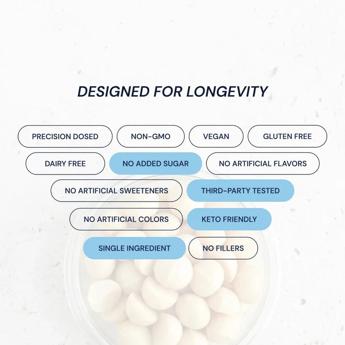 Product packaging with health and wellness features listed on a light background