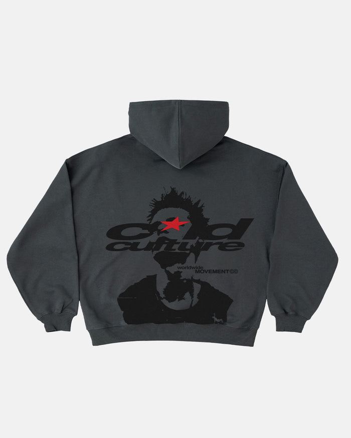 REBEL HOODIE GREY - charcoal grey graphic print hoodie, back view - Cold Culture