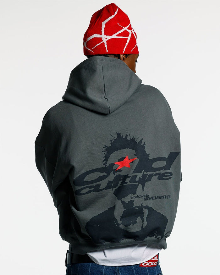 REBEL HOODIE GREY - charcoal grey graphic print hoodie, back view on male model - Cold Culture #man