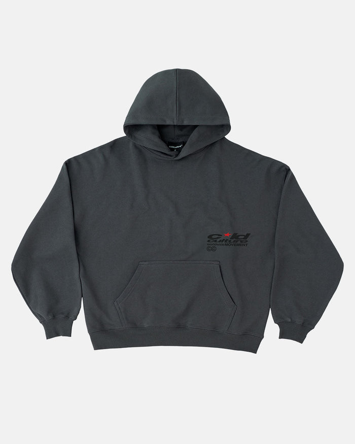 REBEL HOODIE GREY - charcoal grey graphic print hoodie, front view - Cold Culture