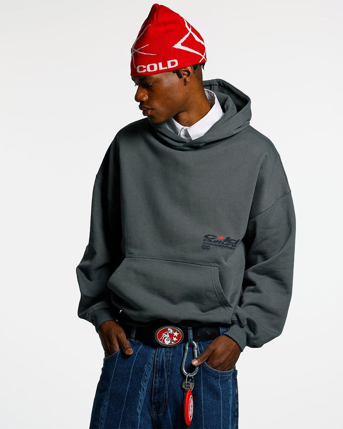 REBEL HOODIE GREY - charcoal grey graphic print hoodie, front view on male model - Cold Culture #man